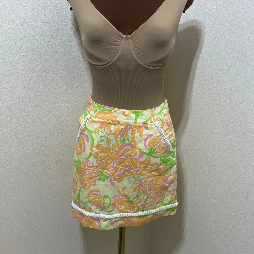 Lilly Pulitzer Women's Yellow Orange Pink Floral Lined Skirt Size 2